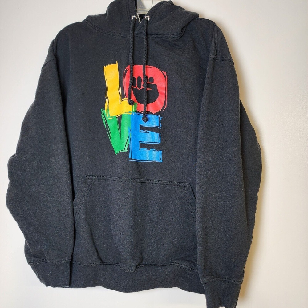 Love Hoodie Women's Large Black Just Hoods Pocket Long Sleeve Relaxed Colorful